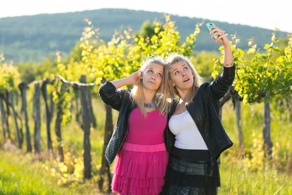 Két fiatal nő és ikrek vesz a mobilra selfie — Stock Fotó