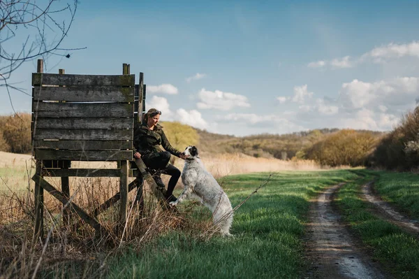 Woman Russian Wolfhound Dog Boots Sitting Hunter Peeking Tower — 스톡 사진