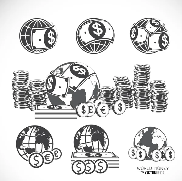世界和金钱的图标集，矢量图 — 图库矢量图片