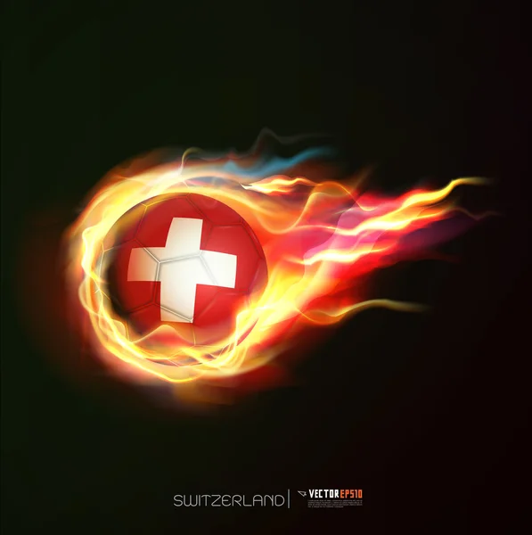 Svizzera bandiera con palla di calcio volante in fiamme isolato nero — Vettoriale Stock