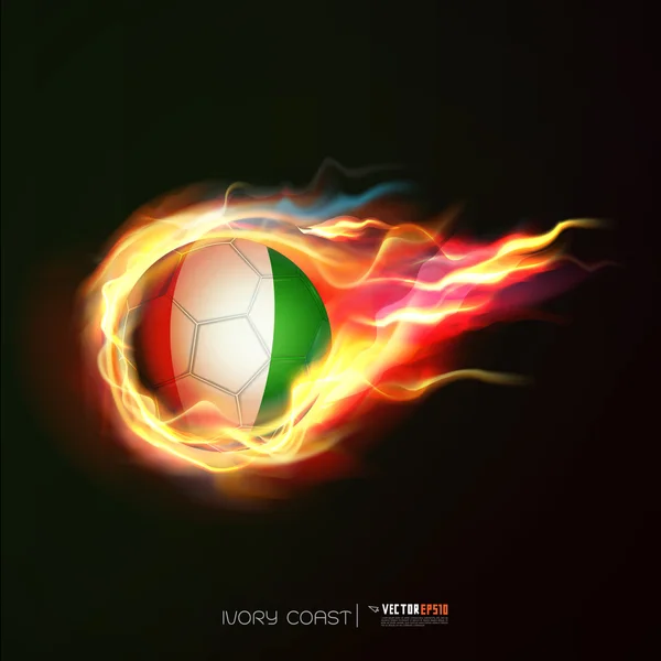 Flagge der Elfenbeinküste mit fliegendem Fußball in Flammen isoliert schwarz — Stockvektor