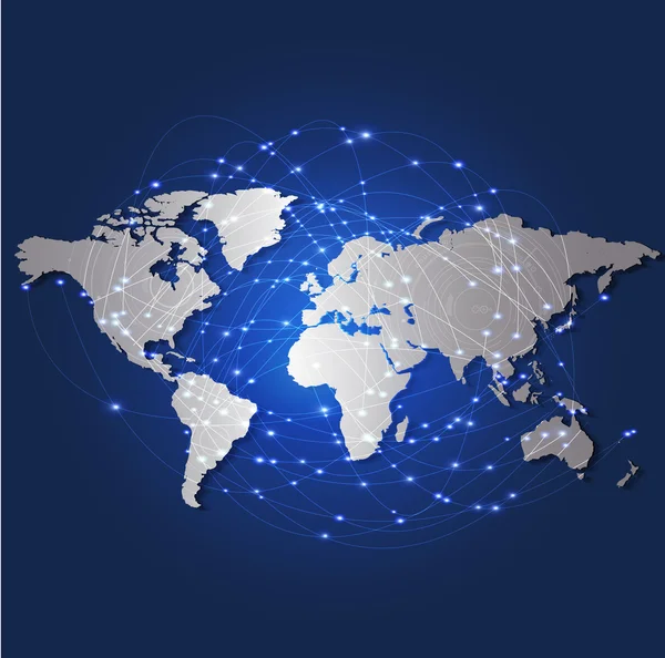 Mappa del mondo e rete di reti tecnologiche, illustrazione vettoriale — Vettoriale Stock