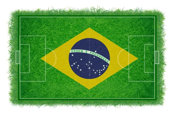 Brazilië vlag op voetbalveld met realistische gras textuur, vector & illustratie — Stockvector