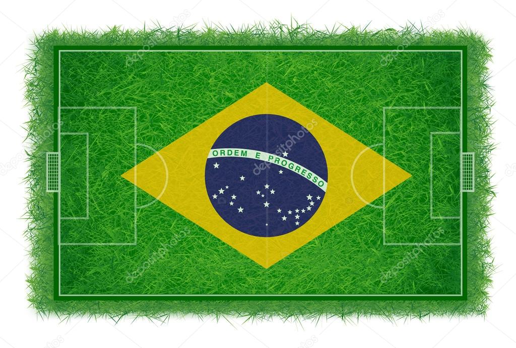 Brazil flag on soccer field with realistic grass texture, Vector & illustration