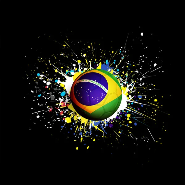 Bandeira do Brasil com traço de bola de futebol na textura colorida e grunge no fundo preto, vetor e ilustração — Vetor de Stock