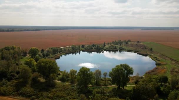 Αεροφωτογραφία Της Γραφικής Στρογγυλής Λίμνης Μια Ηλιόλουστη Μέρα Του Φθινοπώρου — Αρχείο Βίντεο