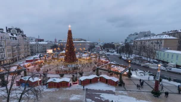 Timelapse Dia Para Noite Árvore Natal Feira Praça Sofievskaya Kiev — Vídeo de Stock