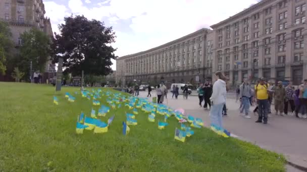 Άνθρωποι Έρχονται Μέχρι Ουκρανικές Σημαίες Στο Γκαζόν Της Οδού Khreshchatyk — Αρχείο Βίντεο