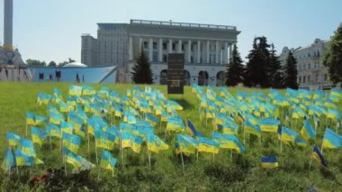Ukrainian flags with the names of people who died as a result of the Russian invasion on the Independence Square, Kyiv, Ukraine.