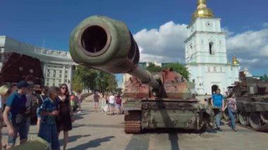 Kyiv, Ukraine - July 24, 2022: The muzzle of a burned-out Russian tank on display at Mikhailovskaya Square in Kyiv. In February 2022, the Russian Federation invaded the territory of Ukraine.