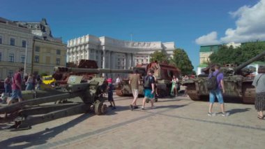 Kyiv, Ukraine - July 24, 2022: Russian equipment destroyed in Ukraine, put on public display in Kyiv on Mikhailovskaya Square. In February 2022, the Russian Federation invaded the territory of Ukraine.