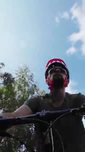 Young Man Protective Helmet Ride Bicycle Sunny Summer Day Low — Vídeo de Stock