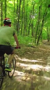 Young man in a bicycle helmet rides a bicycle through the forest. Following Shot 