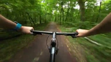 First person Point of view of riding bicycle on green forest in summer day. POV