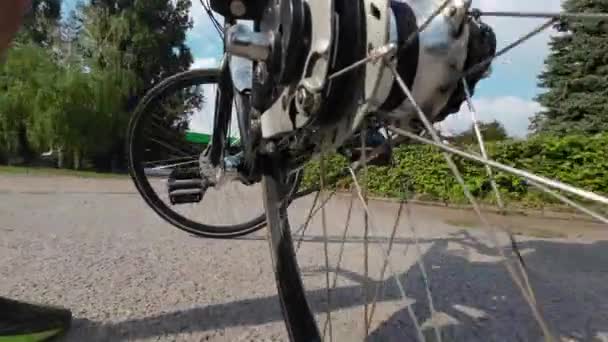 Cyclist Pedals Bike Low Angle View Shot — Stock video