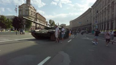 Kyiv, Ukraine - August 24, 2022: Exhibition - a parade of destroyed Russian military equipment in Ukraine on Kreshchatik in Kiev, timed to the Independence Day of Ukraine. Russia launches military invasion of Ukraine February 24, 2022.