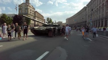 Kyiv, Ukraine - August 24, 2022: Russian tanks and Russian military equipment displayed in parade columns on Khreshchatyk for a symbolic parade that Russia wanted to hold in Kiev in February-March 2022