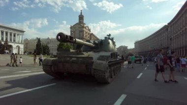 Kyiv, Ukraine - August 24, 2022: Russian tanks and Russian military equipment displayed in parade columns on Khreshchatyk for a symbolic parade that Russia wanted to hold in Kiev in February-March 2022