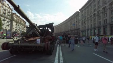Kyiv, Ukraine - August 24, 2022: Exhibition - a parade of destroyed Russian military equipment in Ukraine on Kreshchatik in Kiev, timed to the Independence Day of Ukraine. Russia launches military invasion of Ukraine February 24, 2022.