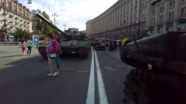 Kyiv, Ukraine - August 24, 2022: Russian tanks and Russian military equipment displayed in parade columns on Khreshchatyk for a symbolic parade that Russia wanted to hold in Kiev in February-March 2022