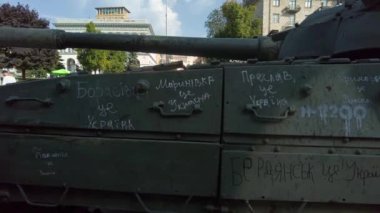 Kyiv, Ukraine - August 24, 2022: Exhibition - a parade of destroyed Russian military equipment in Ukraine on Kreshchatik in Kiev, timed to the Independence Day of Ukraine. Russia launches military invasion of Ukraine February 24, 2022. 
