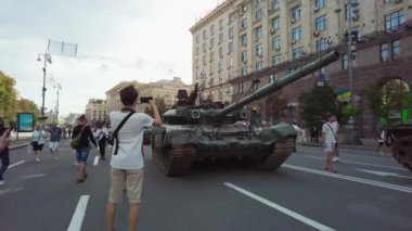 Kyiv, Ukraine - August 24, 2022: Russian tanks and Russian military equipment displayed in parade columns on Khreshchatyk for a symbolic parade that Russia wanted to hold in Kiev in February-March 2022