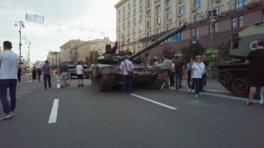 Kyiv, Ukraine - August 24, 2022: Exhibition - a parade of destroyed Russian military equipment in Ukraine on Kreshchatik in Kiev, timed to the Independence Day of Ukraine. Russia launches military invasion of Ukraine February 24, 2022.