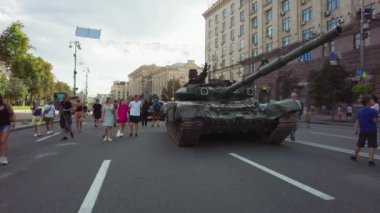 Kyiv, Ukraine - August 24, 2022: Exhibition - a parade of destroyed Russian military equipment in Ukraine on Kreshchatik in Kiev, timed to the Independence Day of Ukraine. Russia launches military invasion of Ukraine February 24, 2022.