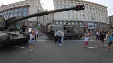 Kyiv, Ukraine - August 24, 2022: Russian tanks and Russian military equipment displayed in parade columns on Khreshchatyk for a symbolic parade that Russia wanted to hold in Kiev in February-March 2022