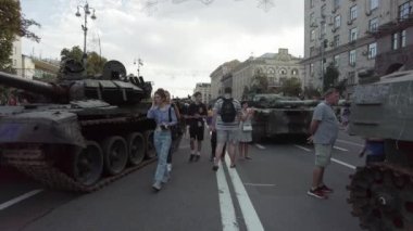 Kyiv, Ukraine - August 24, 2022: Exhibition - a parade of destroyed Russian military equipment in Ukraine on Kreshchatik in Kiev, timed to the Independence Day of Ukraine. Russia launches military invasion of Ukraine February 24, 2022.