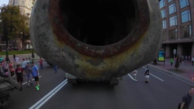 Kyiv, Ukraine - August 24, 2022: Russian tanks and Russian military equipment displayed in parade columns on Khreshchatyk for a symbolic parade that Russia wanted to hold in Kiev in February-March 2022