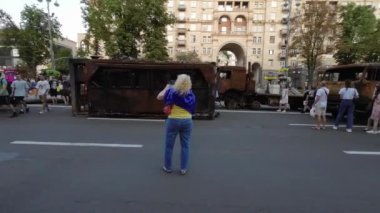 Kyiv, Ukraine - August 24, 2022: Exhibition - a parade of destroyed Russian military equipment in Ukraine on Kreshchatik in Kiev, timed to the Independence Day of Ukraine. Russia launches military invasion of Ukraine February 24, 2022