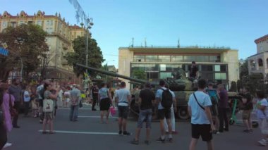 Kyiv, Ukraine - August 24, 2022: Russian tanks and Russian military equipment displayed in parade columns on Khreshchatyk for a symbolic parade that Russia wanted to hold in Kiev in February-March 2022