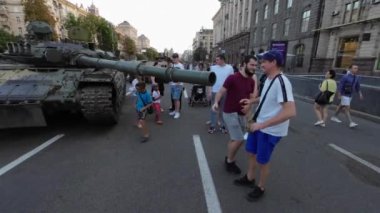 Kyiv, Ukraine - August 24, 2022: Russian tanks and Russian military equipment displayed in parade columns on Khreshchatyk for a symbolic parade that Russia wanted to hold in Kiev in February-March 2022