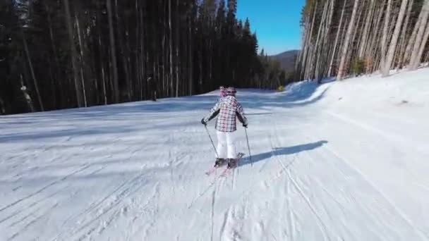 Esquiar Una Pista Pintoresca Día Soleado — Vídeo de stock