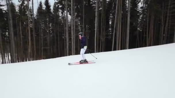 Kvinna Tycker Alpin Skidåkning Spårningsskott — Stockvideo