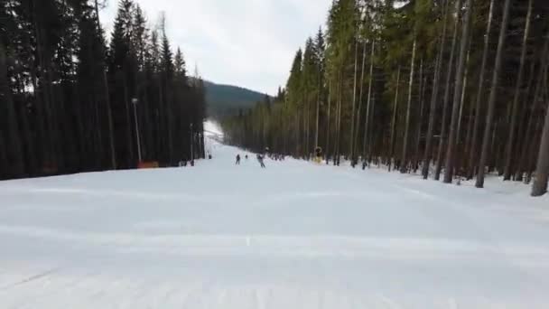 Schnelle Abfahrt Auf Skiern Die Skipiste Hinunter — Stockvideo