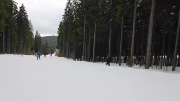Σκι Κατάβασης Σκι Κλίση Συννεφιασμένη Ημέρα Pov — Αρχείο Βίντεο