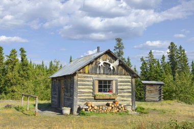 Bear Creek 'teki Alaska Otoyolu' nda geleneksel bir kulübe. Sınırdaki Alsek-River-Valley patikasının başlangıcı Kluane Ulusal Parkı, St. Elias Dağları, Yukon, Kanada