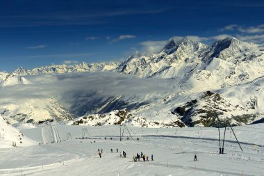 Rosa Platosu, Matterhorn 'un altındaki kayak merkezi Monte Cervino, İsviçre manzaralı. İsviçre-İtalya sınırında İsviçre Zermatt ve İtalya 'nın Breuil-Cervinia kenti üzerinde yer alan tatil beldesi