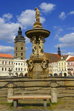 Ceske Budejovice, Çek Cumhuriyeti - Samson çeşmesi ve ana meydan. Ceske Budejovice, Güney Bohemya Bölgesi 'nin en büyük şehri ve aynı zamanda siyasi ve ticari başkentidir.