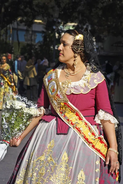 Unknown Woman Fallas Celebration One Biggest Parties Spain People Dresses — Stock Photo, Image