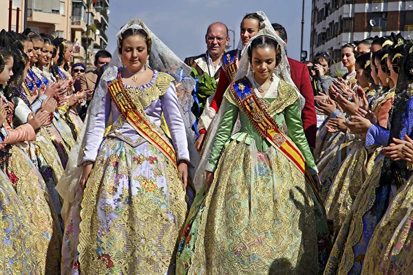 Unknown Woman Fallas Celebration One Biggest Parties Spain People Dresses — Stock Photo, Image