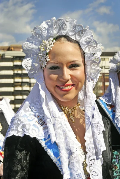 Unknown Woman Fallas Celebration One Biggest Parties Spain People Dresses — Stock Photo, Image