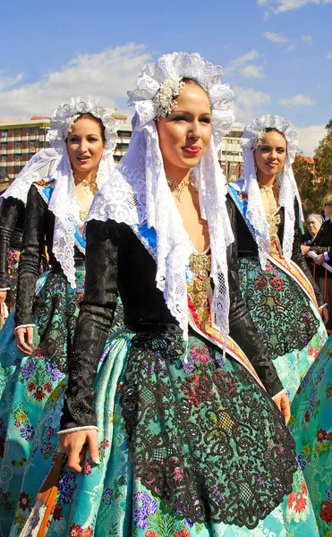 Unknown Woman Fallas Celebration One Biggest Parties Spain People Dresses — Stock Photo, Image