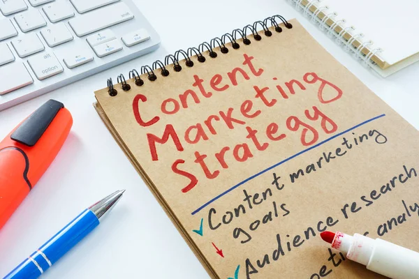Estrategia de marketing de contenidos y teclado escritos a mano. —  Fotos de Stock
