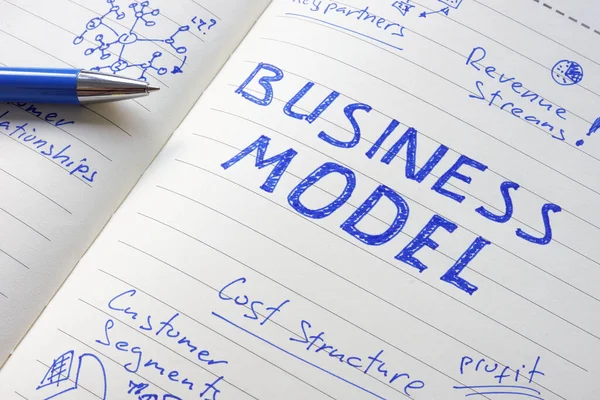 Бізнес-модель, написана вручну в блокноті зі знаками . — стокове фото