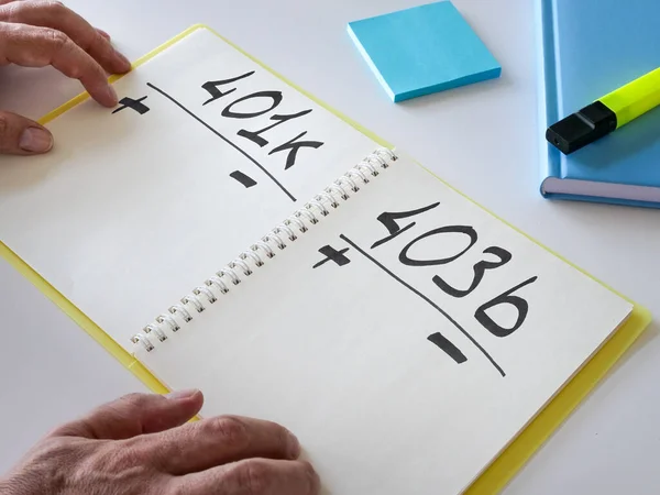 401k vs 403b retirement plan. Pros and cons in the notebook. — Stock Photo, Image