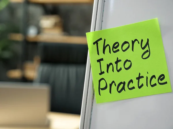 Memo stick on the whiteboard with phrase Theory into practice. — Stock Photo, Image