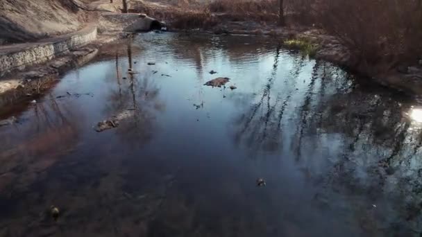 A dirty stream and a large pipe with leaking water. Pollution and ecology. — Stockvideo